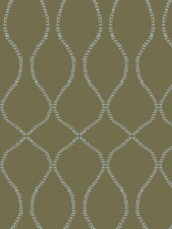 Pale sky blue leaf-chain trellis on an olive khaki ground
