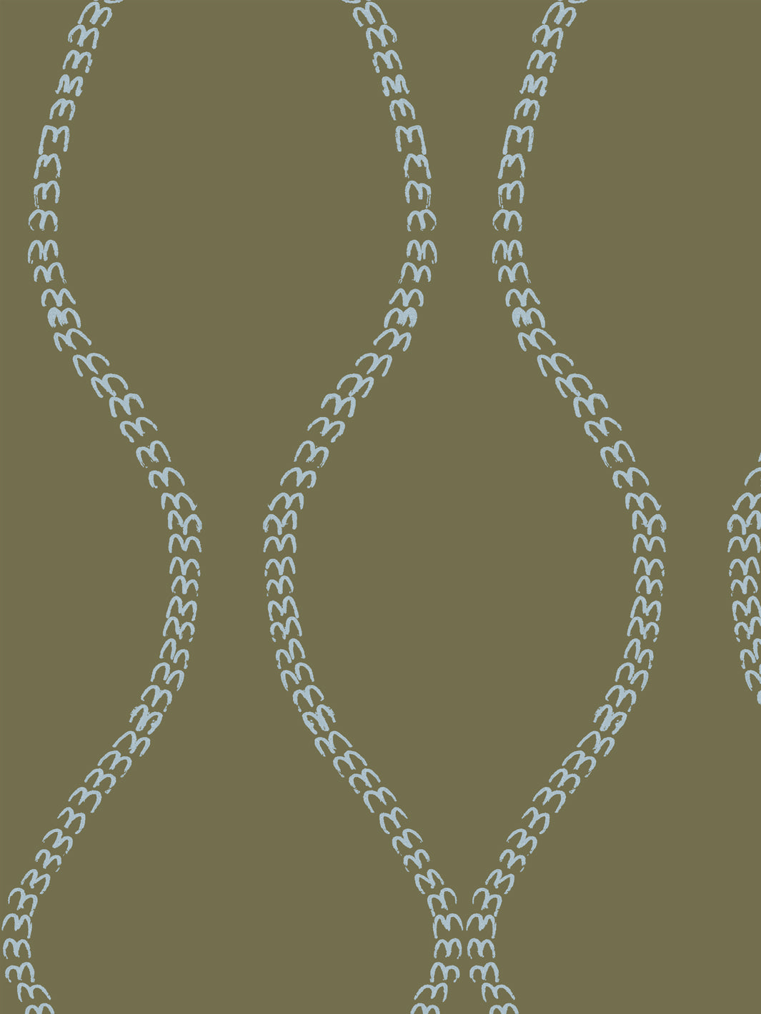 Close crop of pale sky blue a leaf-chain trellis on dark olive khaki