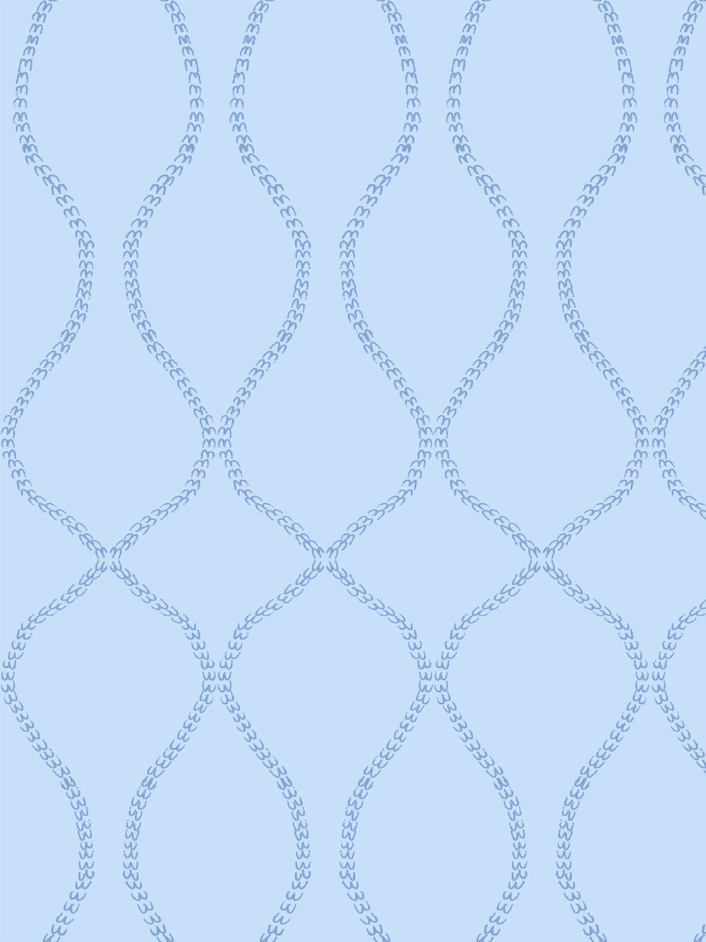 Slate blue leaf-chain ogee trellis on a soft light blue ground