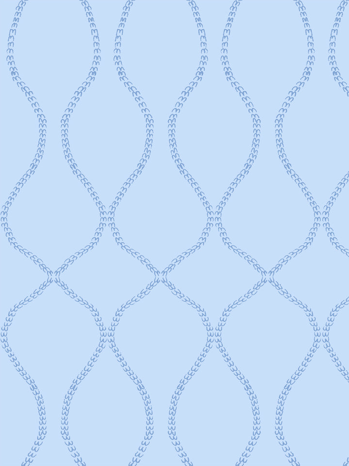 Slate blue leaf-chain ogee trellis on a soft light blue ground