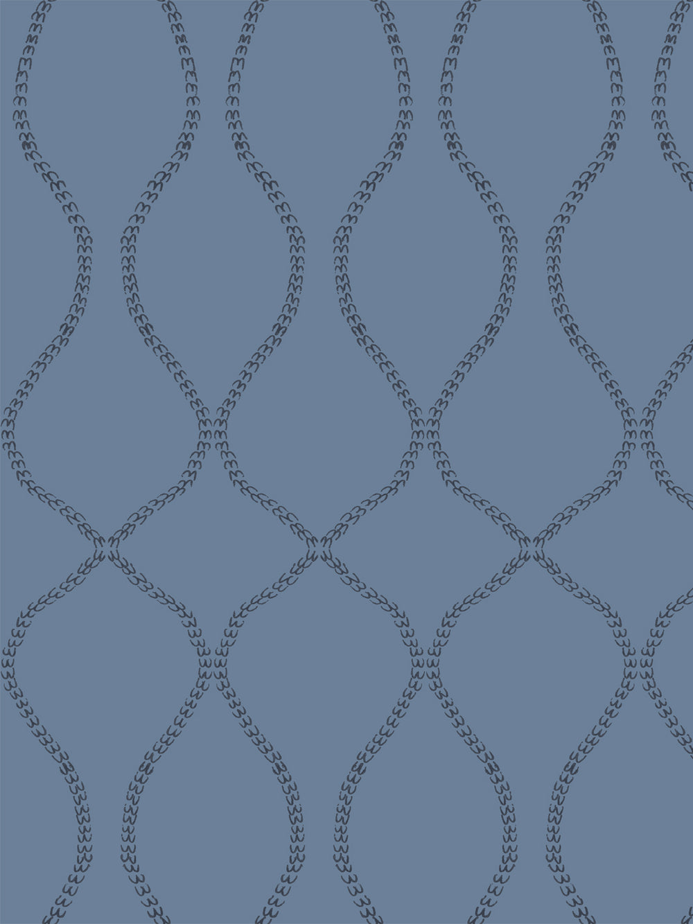 Near-black navy leaf-chain trellis on a mid denim blue ground