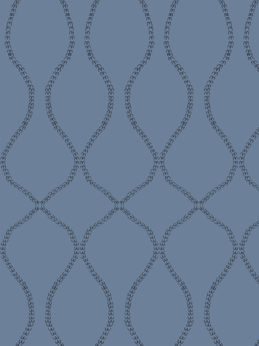 Near-black navy leaf-chain trellis on a mid denim blue ground