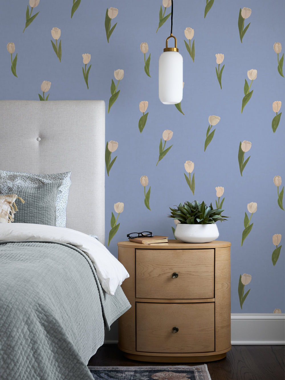 'Painted Tulip' Wallpaper in Cornflower - Room Scene