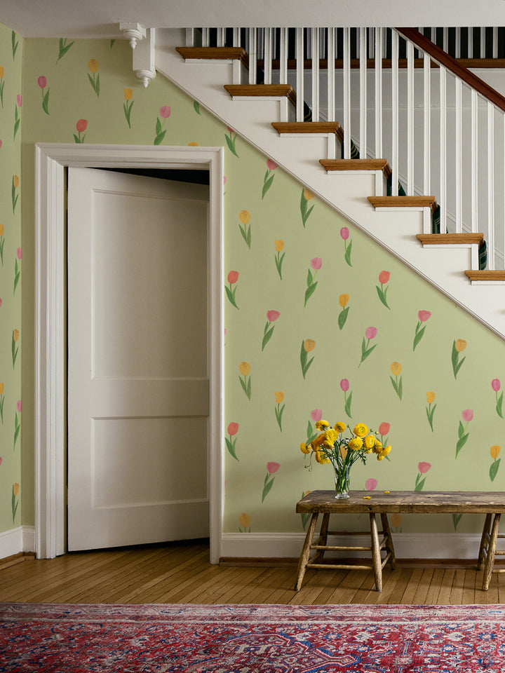 'Painted Tulip' Wallpaper in Green Field - Room Scene