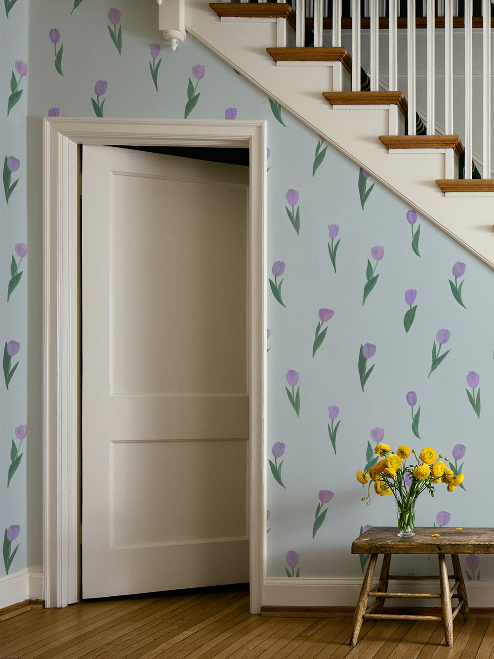 'Painted Tulip' Wallpaper in Lilac Sky - Room Scene
