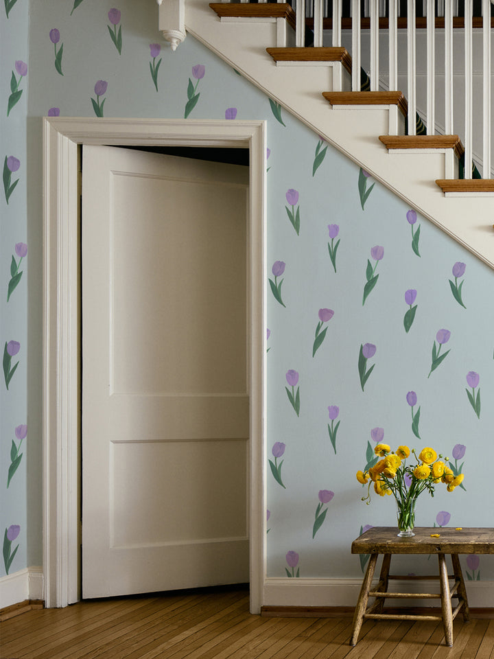 'Painted Tulip' Wallpaper in Lilac Sky - Room Scene