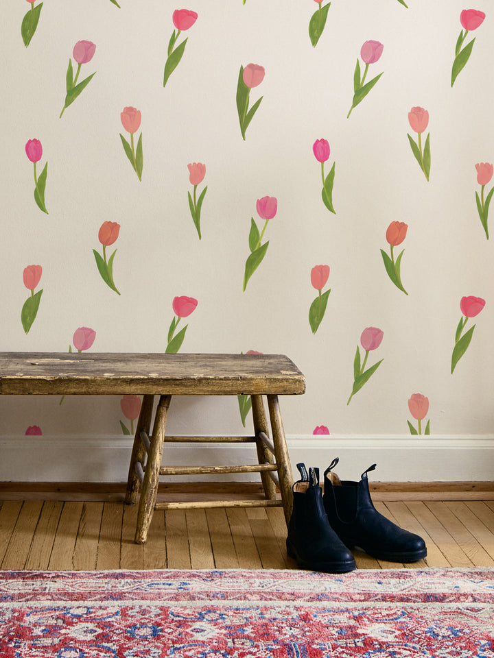'Painted Tulip' Wallpaper in Pink Field - Room Scene