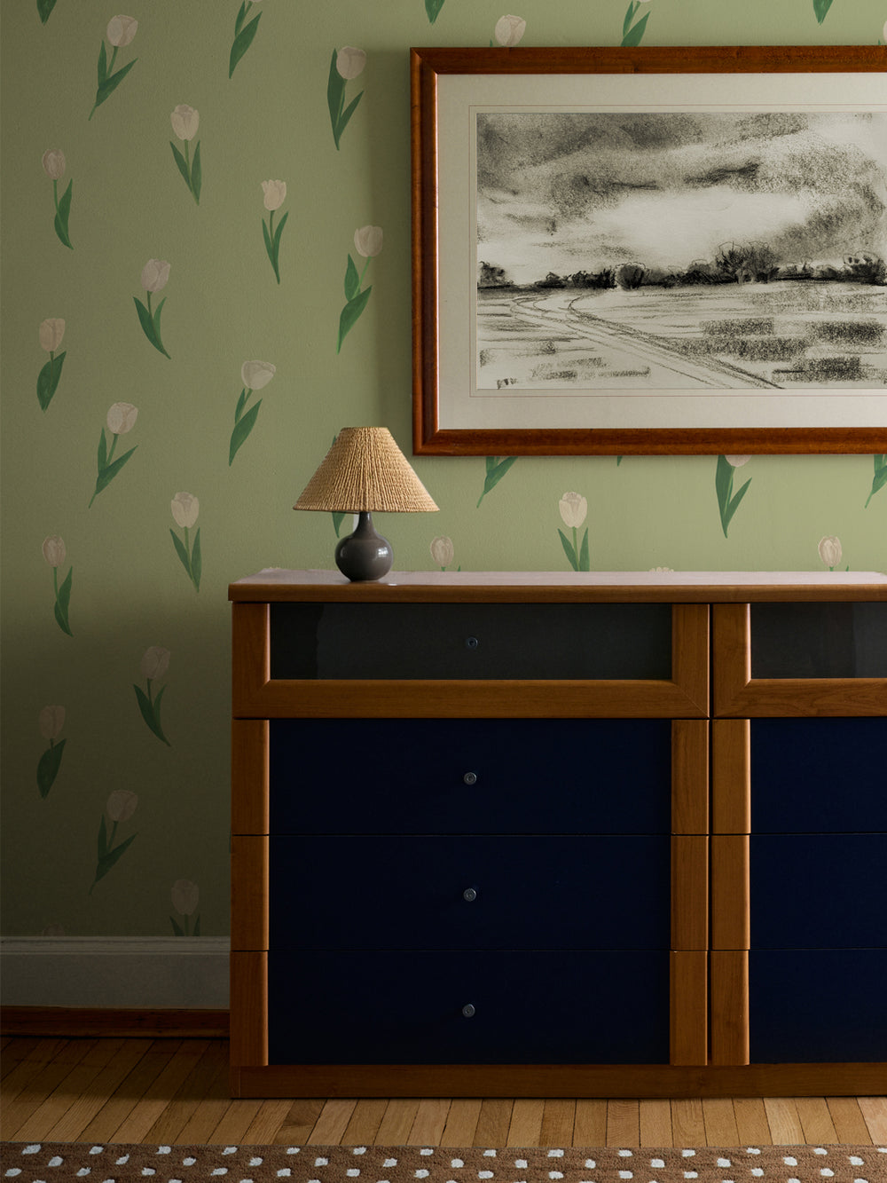 'Painted Tulip' Wallpaper in Sage Cream - Room Scene