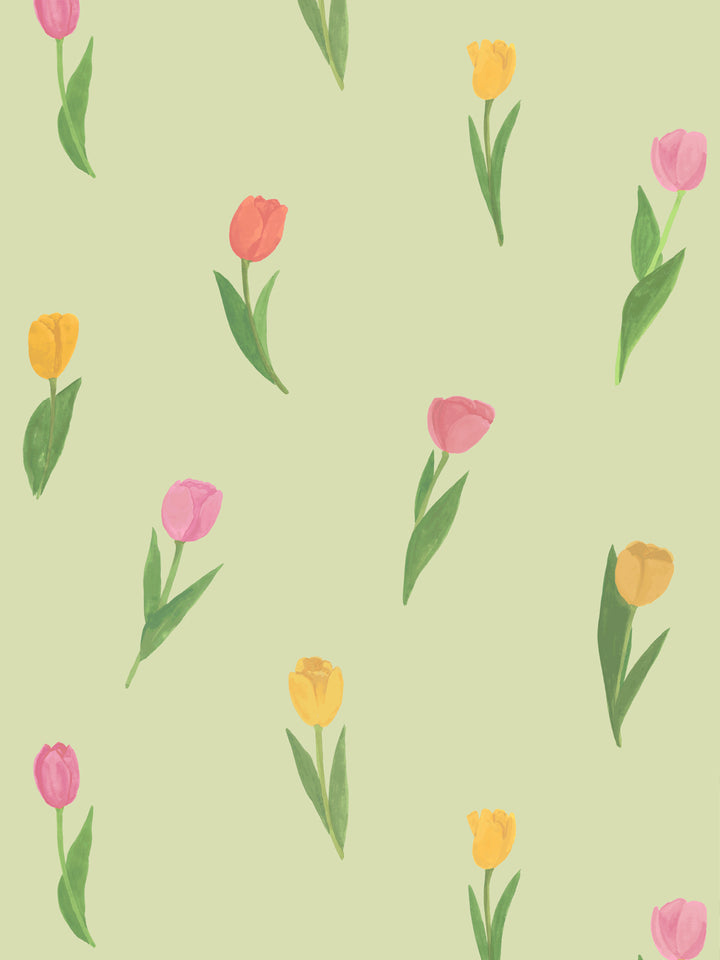 'Painted Tulip' Wallpaper in Green Field - Design Pattern