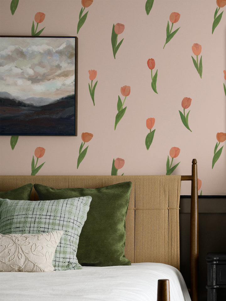 'Painted Tulip' Wallpaper in Soft Peach - Room Scene