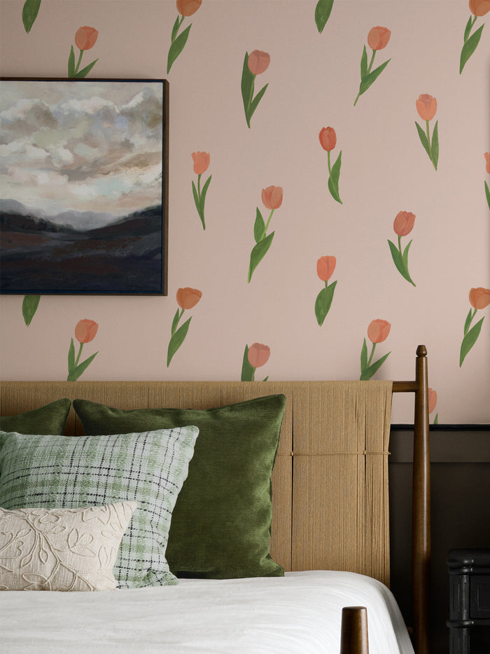 'Painted Tulip' Wallpaper by Wallshoppe - Soft Peach