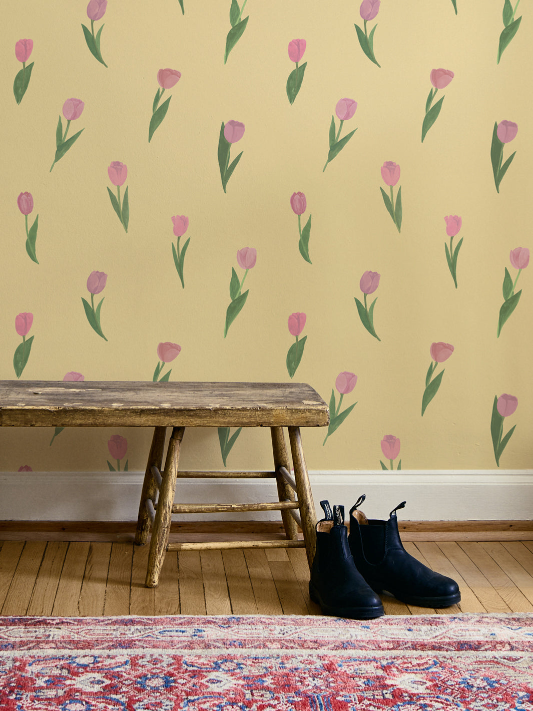 'Painted Tulip' Wallpaper in Soft Yellow - Room Scene