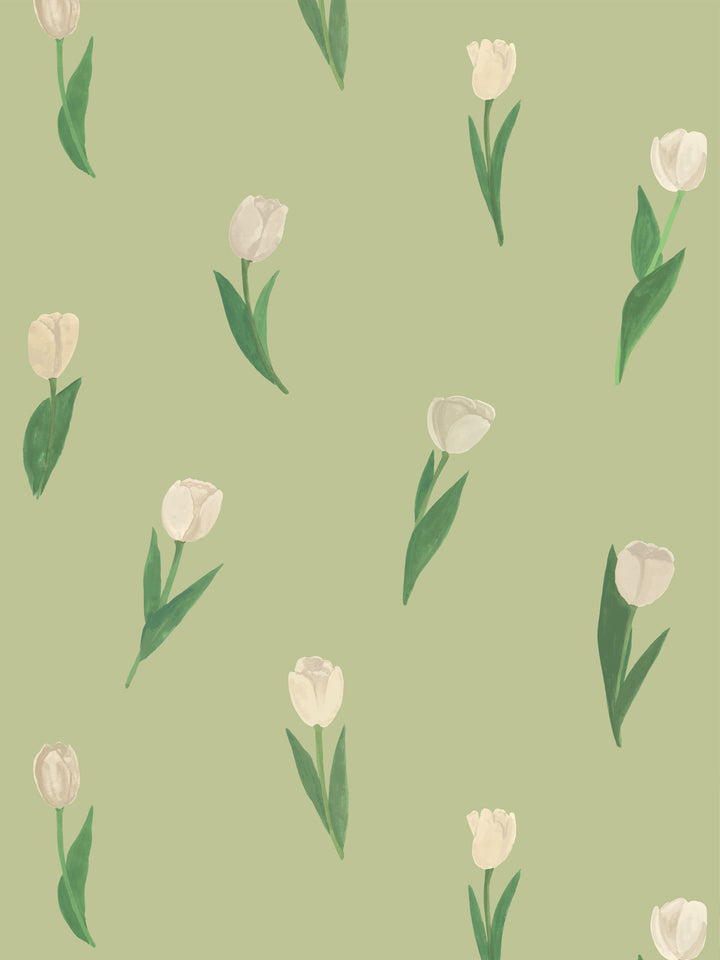 'Painted Tulip' Wallpaper in Sage Cream - Design Pattern
