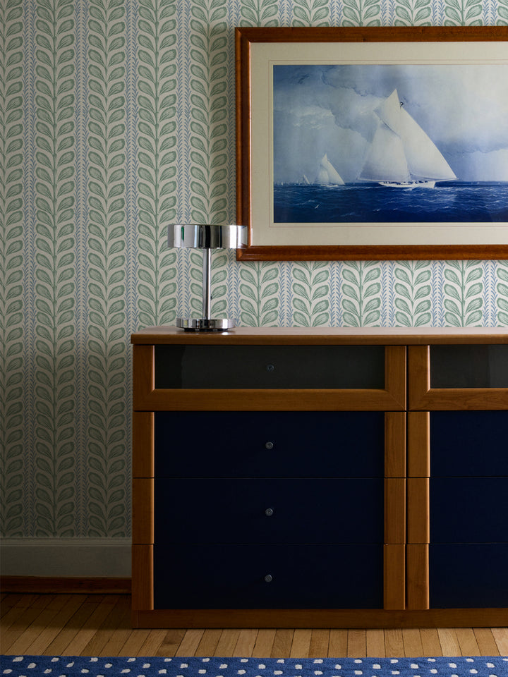 'Painted Vine' Wallpaper by Wallshoppe - Blue Green - Room Shot
