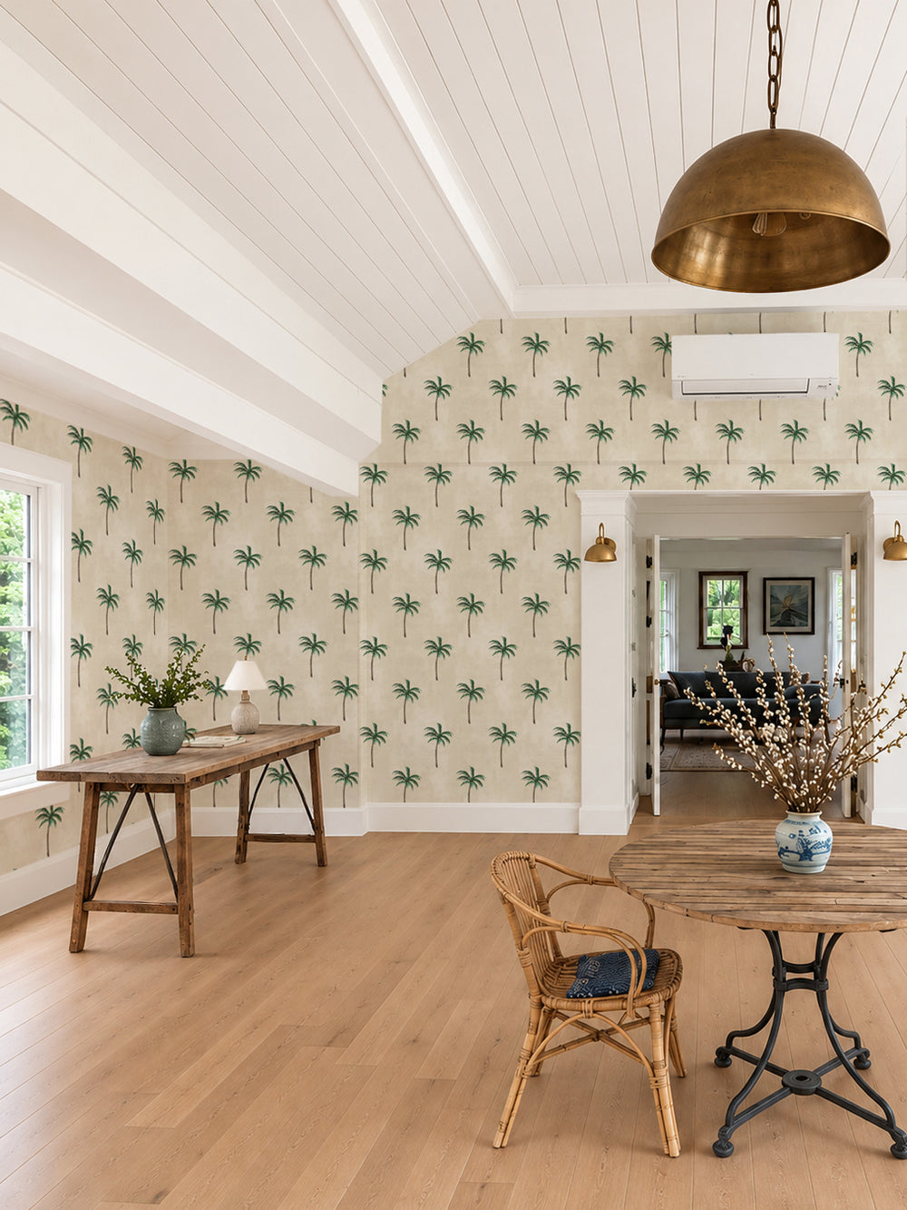 Palm tree allover wallpaper on parchment background with green and tan leaves