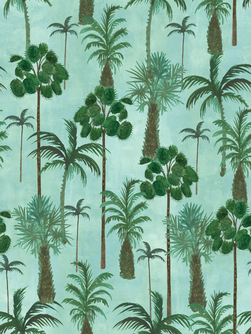 Aqua tropical palm leaf wallpaper with layered green palms and ferns pattern