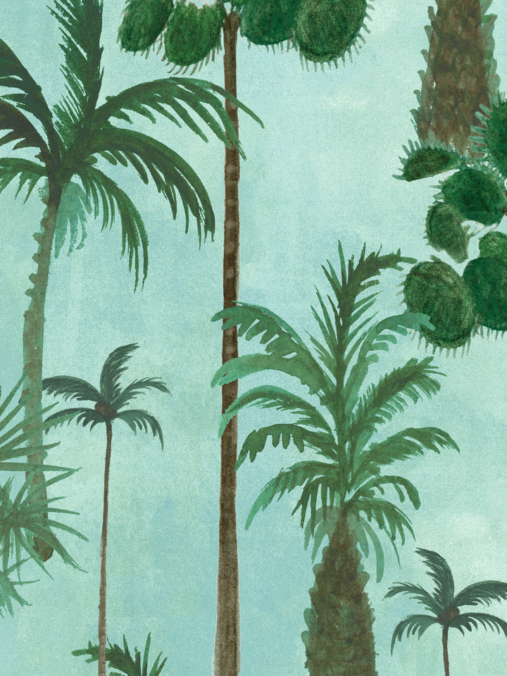 Aqua wallpaper with tall palm trees and green fern leaves pattern