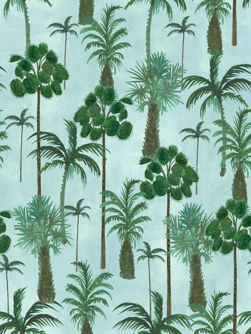 Palm forest wallpaper with blue backdrop and green palm tree pattern