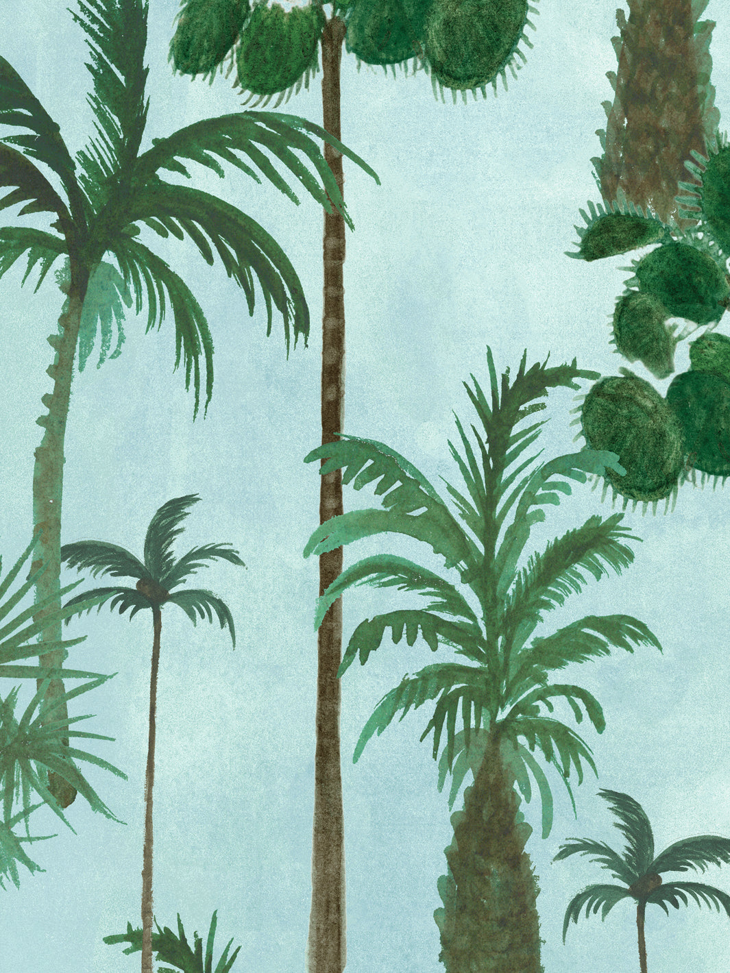 Palm forest wallpaper detail with green palm fronds on light blue background