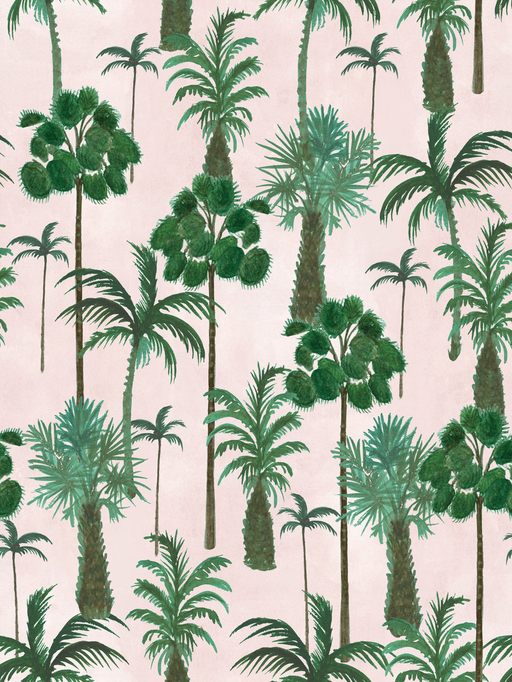 Palm tree wallpaper with green tropical foliage on blush pink background