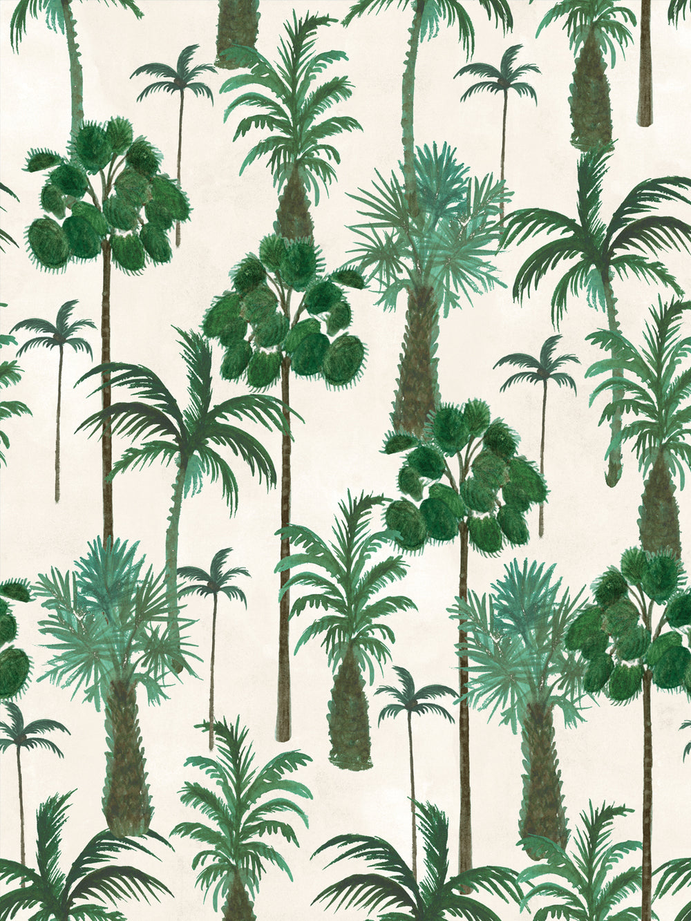 Palm forest wallpaper with green palm trees on an ivory background