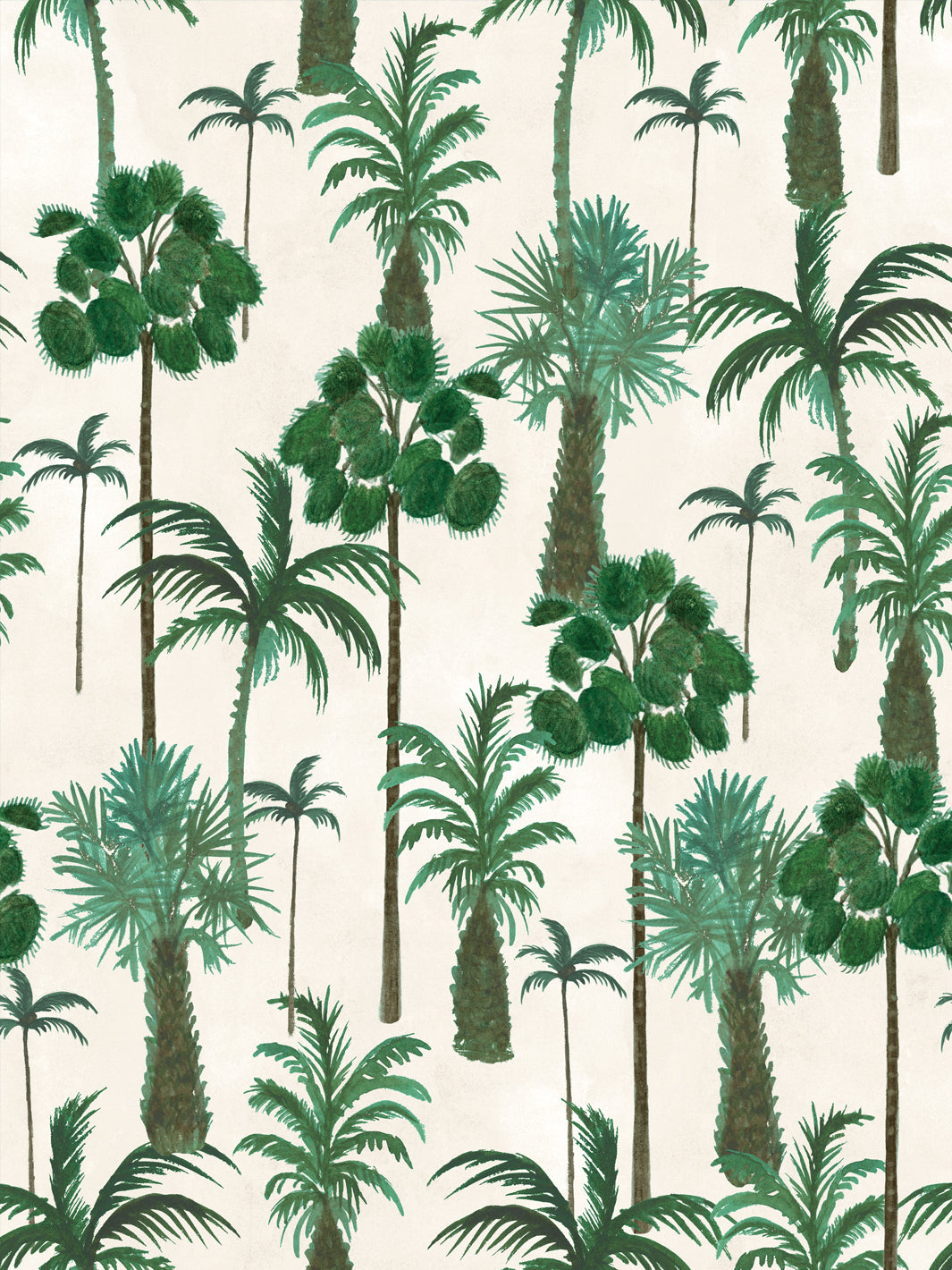 Palm forest wallpaper with green palm trees on an ivory background
