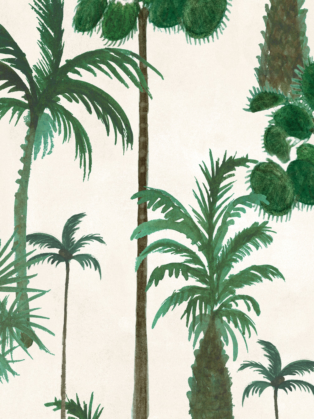 Palm forest wallpaper close view with green palm leaves and trunks on ivory
