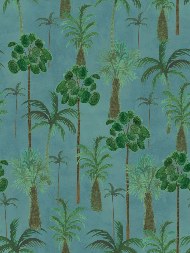 Palm tree wallpaper pattern with green fronds on teal background