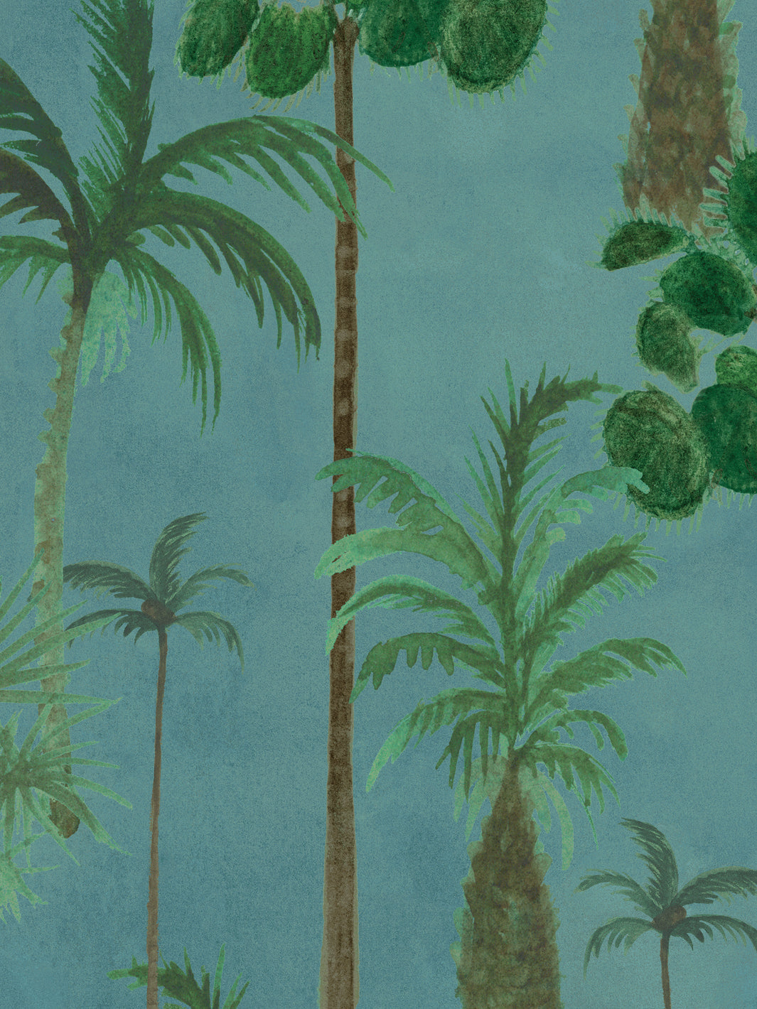Palm tree wallpaper close-up with tall trunks and leafy clusters on teal