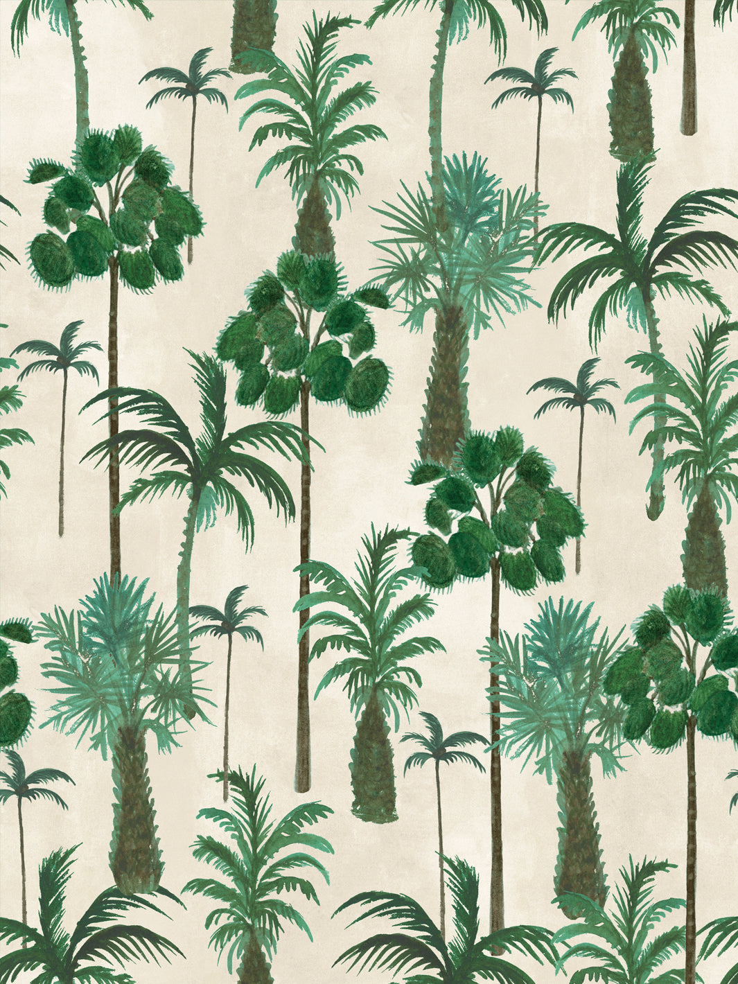 Tropical palm tree wallpaper pattern on parchment background, green foliage silhouettes.