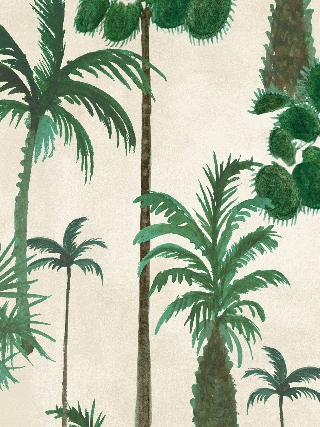 Tropical palm wallpaper with dense green leaves over light parchment ground.