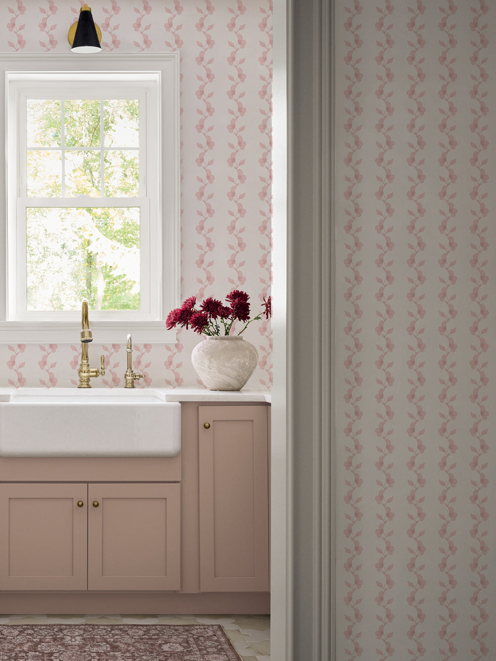 'Paper White Vine' Wallpaper by Wallshoppe - Dusty Pink - Room Shot