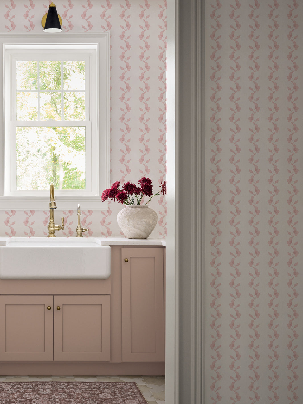 'Paper White Vine' Wallpaper by Wallshoppe - Dusty Pink - Room Shot