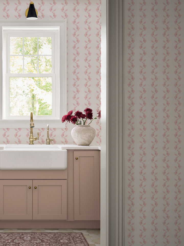 'Paper White Vine' Wallpaper by Wallshoppe - Dusty Pink - Room Shot