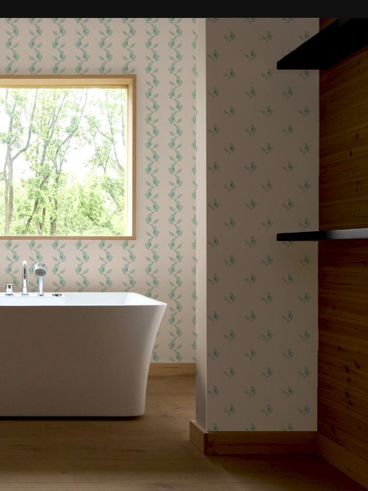 'Paper White Vine' Wallpaper by Wallshoppe - Seafoam Cream - Room Shot