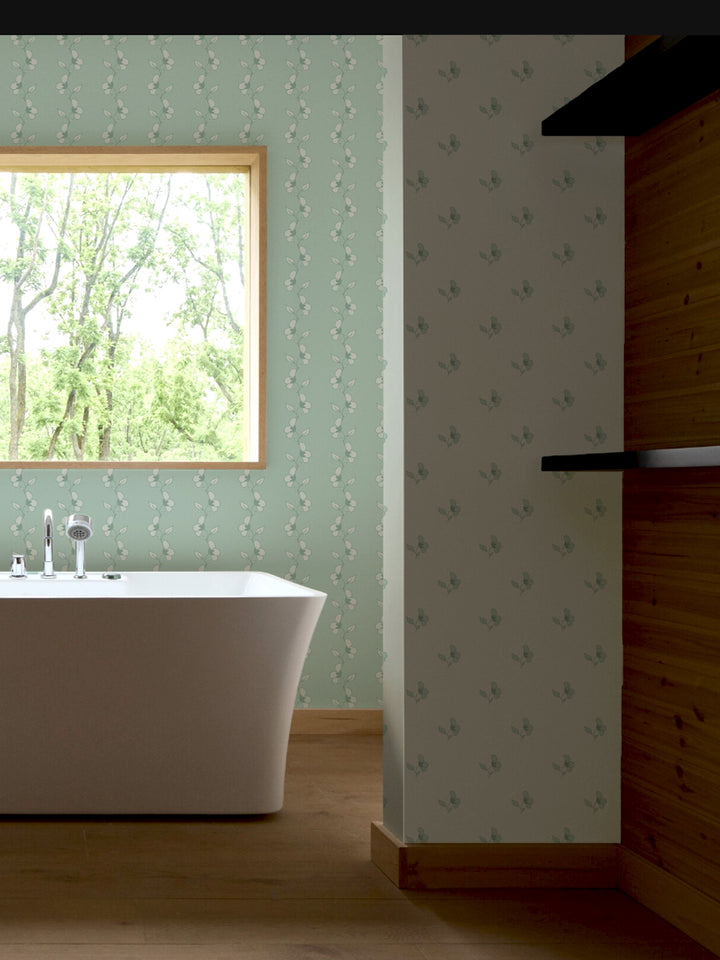 'Paper White Vine' Wallpaper by Wallshoppe - Seafoam - Room Shot