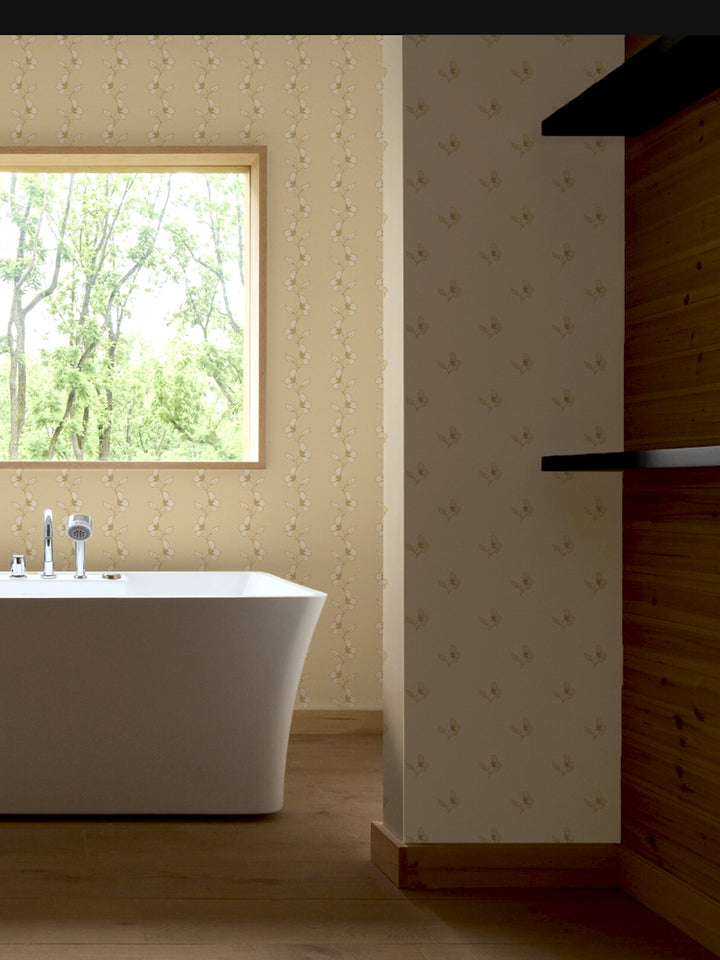 'Paper White Vine' Wallpaper by Wallshoppe - Warm Butter - Room Shot