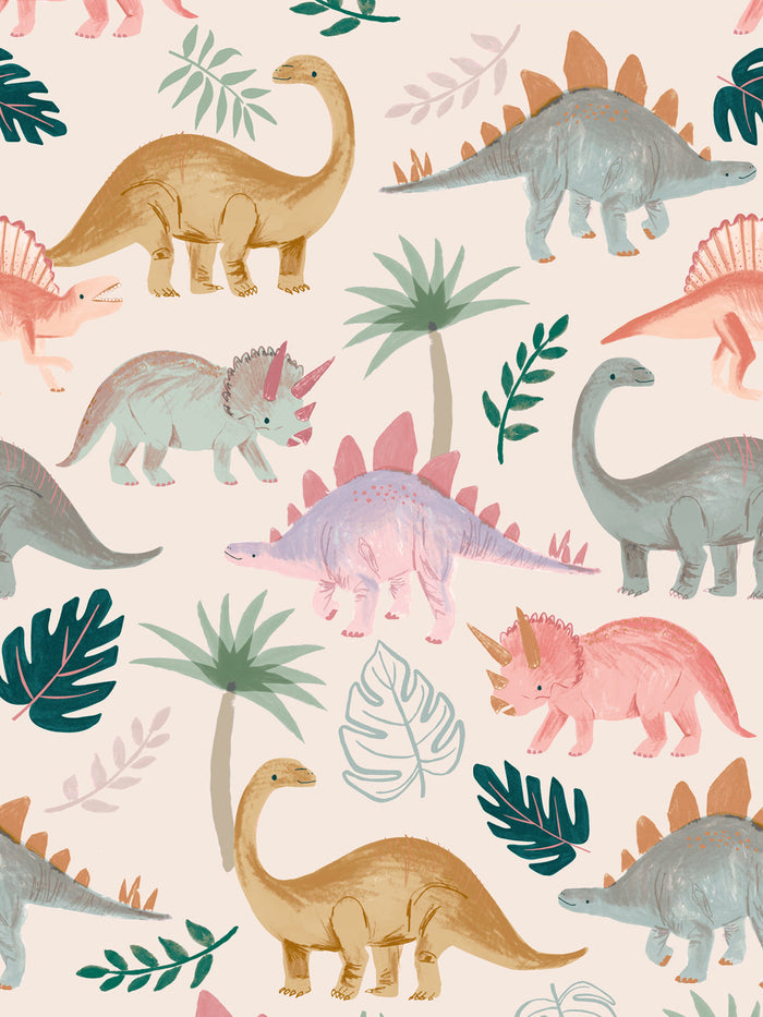 'Pastel Dino' Wallpaper by Meri Meri - Cream
