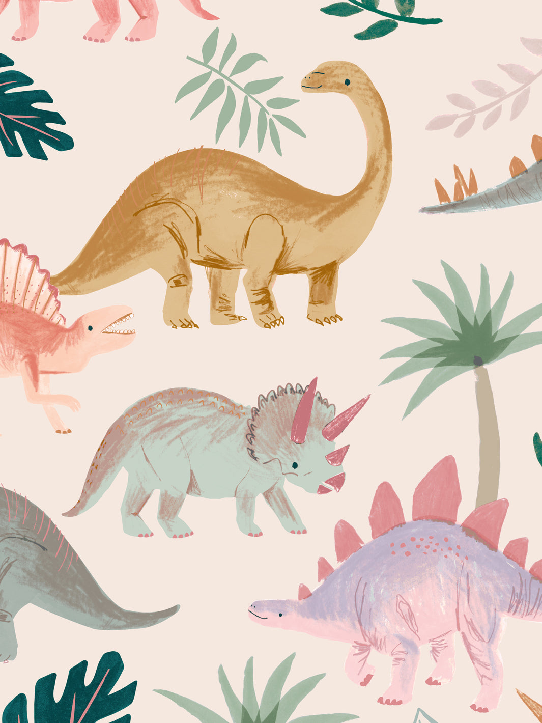 'Pastel Dino' Wallpaper by Meri Meri - Cream