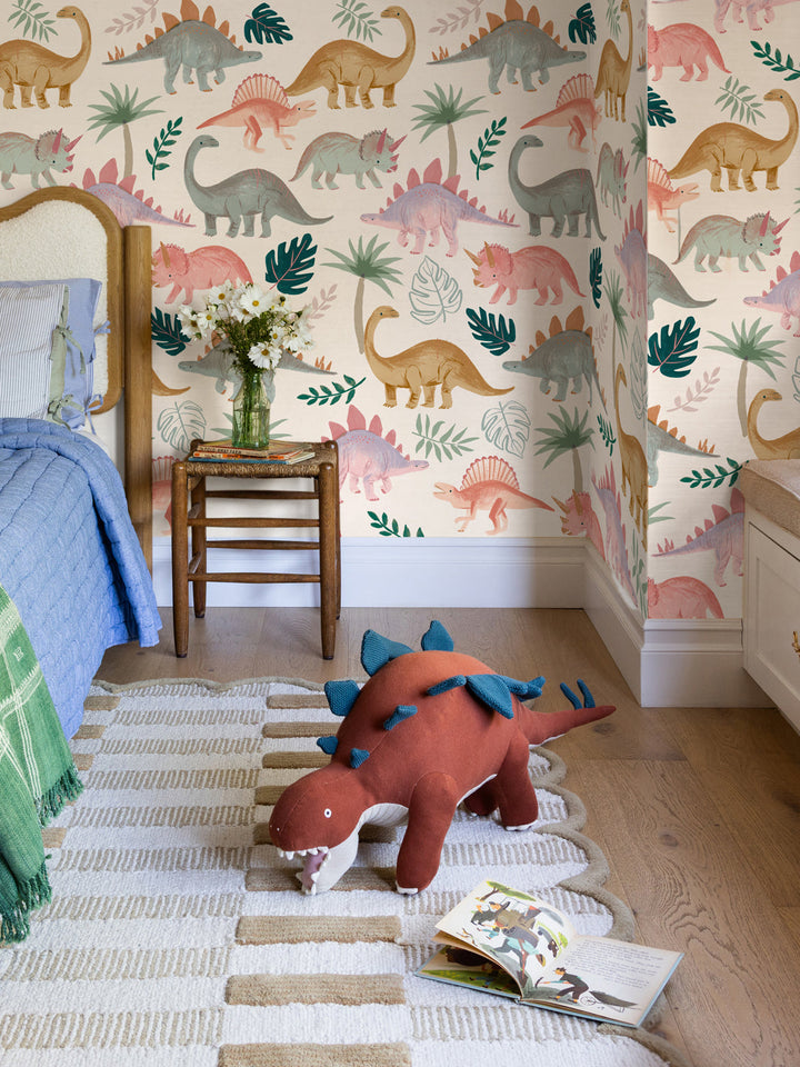 'Pastel Dino' Wallpaper by Meri Meri - Cream