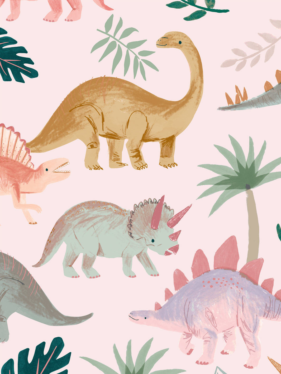 'Pastel Dino' Wallpaper by Meri Meri - Light Pink