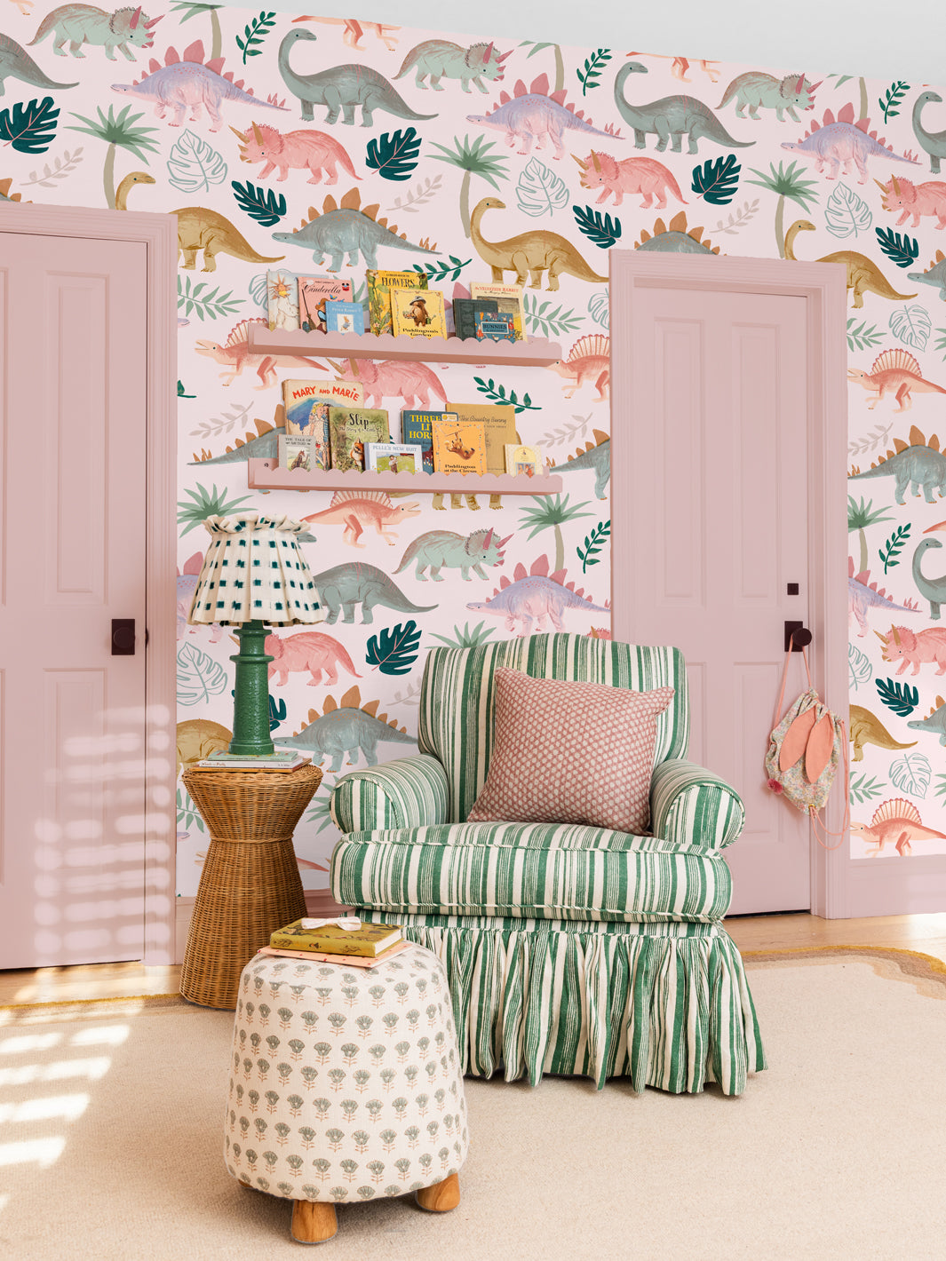 'Pastel Dino' Wallpaper by Meri Meri - Light Pink