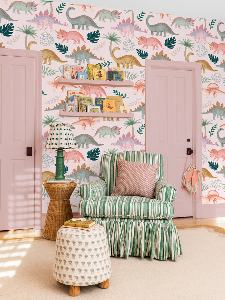 'Pastel Dino' Wallpaper by Meri Meri - Light Pink