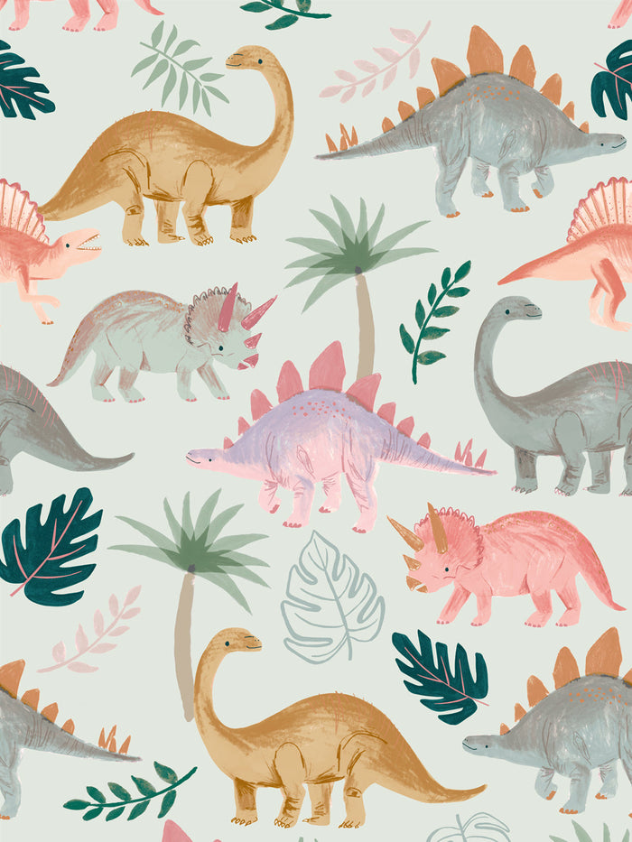 'Pastel Dino' Wallpaper by Meri Meri - Light Sage