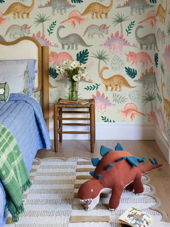 'Pastel Dino' Wallpaper by Meri Meri - Light Sage