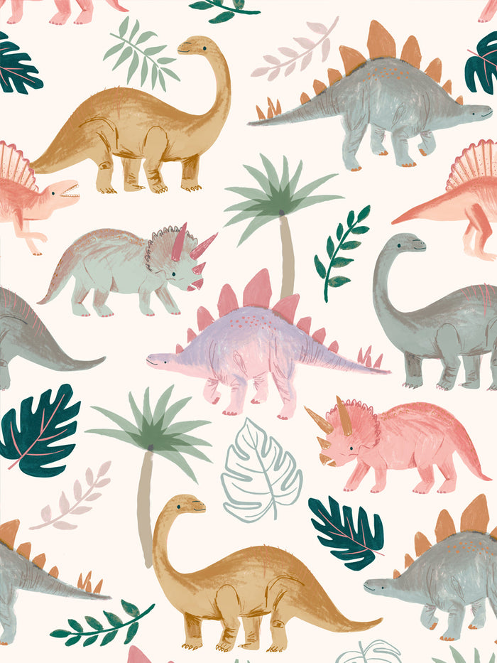 'Pastel Dino' Wallpaper by Meri Meri - Off White