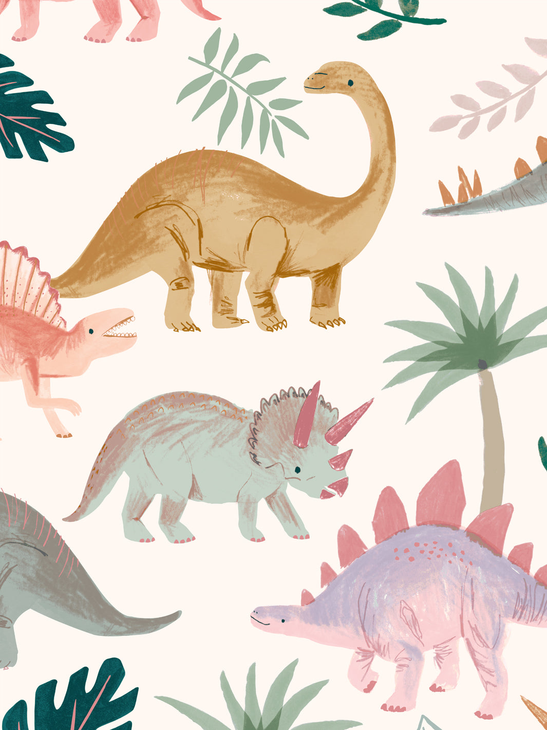 'Pastel Dino' Wallpaper by Meri Meri - Off White
