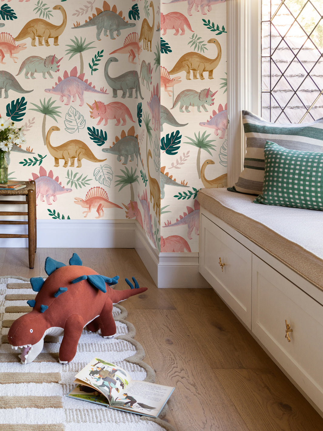 'Pastel Dino' Wallpaper by Meri Meri - Off White