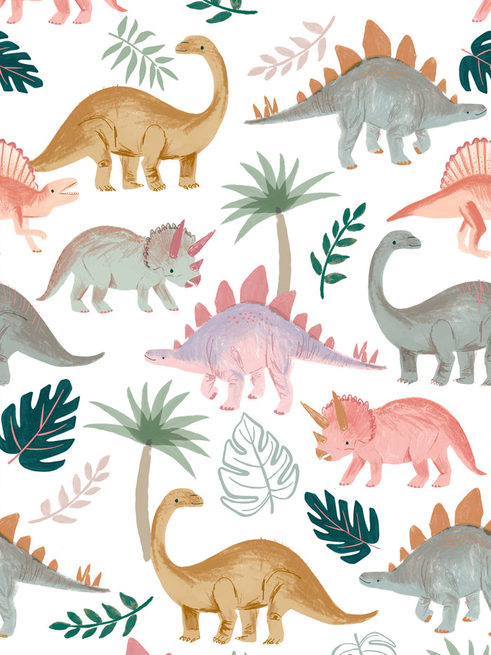 'Pastel Dino' Wallpaper by Meri Meri - White