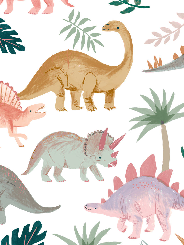 'Pastel Dino' Wallpaper by Meri Meri - White